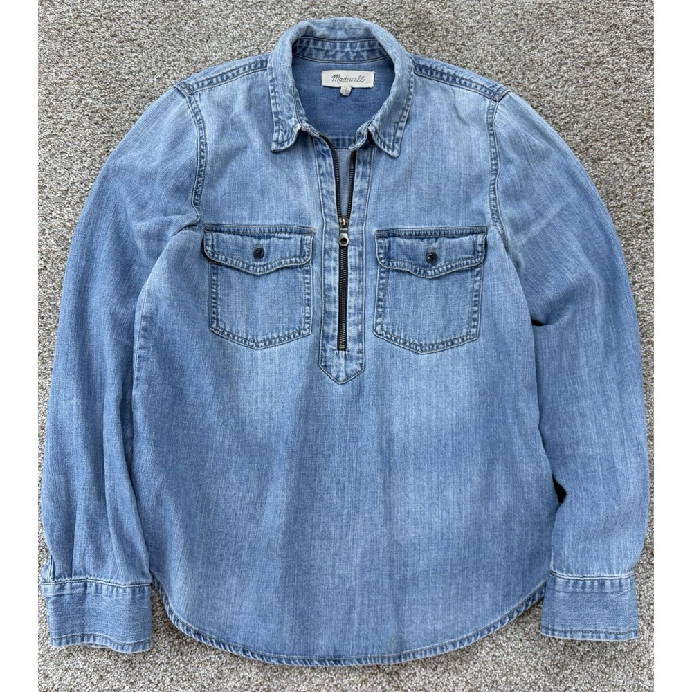 Madewell 1/2 Zip Popover Chambray Long Sleeve Shirt Womens XS Blue Lightweight